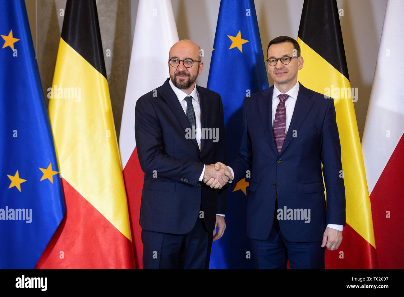 Prime Minister of Belgium Charles Michel and Prime Minister of Poland Mateusz Morawiecki during the meeting in Warsaw, Poland on 12 March 2019 Stock Photo