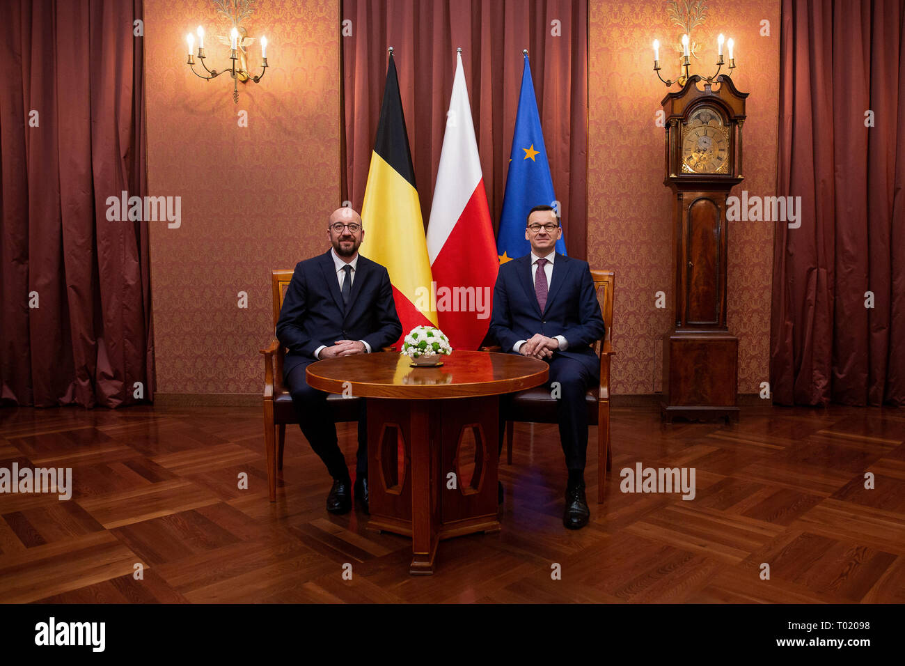 Prime Minister of Belgium Charles Michel and Prime Minister of Poland Mateusz Morawiecki during the meeting in Warsaw, Poland on 12 March 2019 Stock Photo