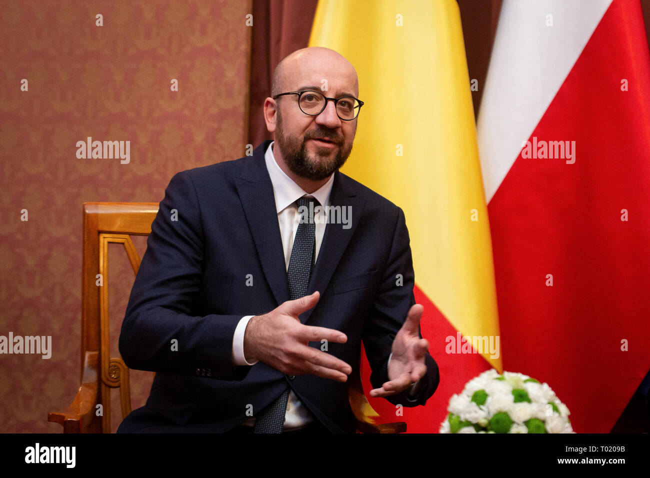 Prime Minister of Belgium Charles Michel during the meeting with Prime Minister of Poland Mateusz Morawiecki in Warsaw, Poland on 12 March 2019 Stock Photo