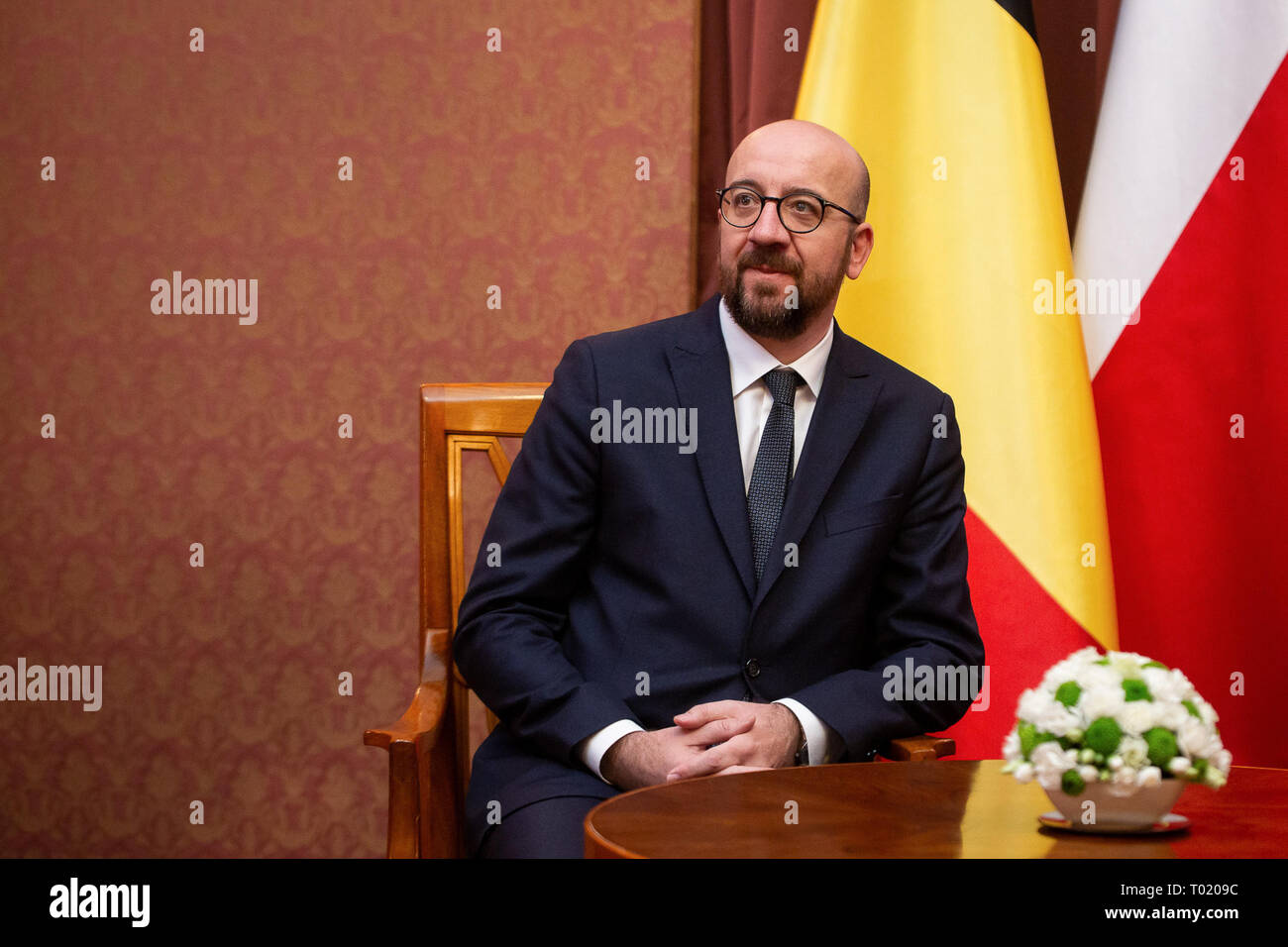 Prime Minister of Belgium Charles Michel during the meeting with Prime Minister of Poland Mateusz Morawiecki in Warsaw, Poland on 12 March 2019 Stock Photo