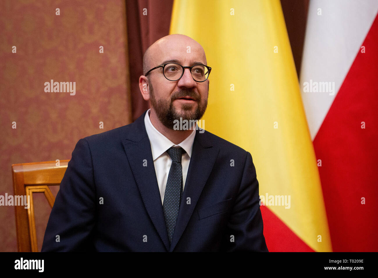 Prime Minister of Belgium Charles Michel during the meeting with Prime Minister of Poland Mateusz Morawiecki in Warsaw, Poland on 12 March 2019 Stock Photo