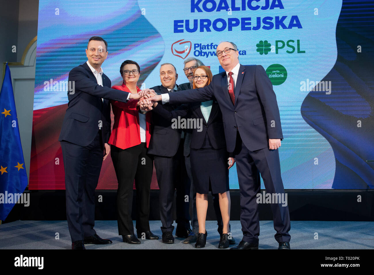 Wladyslaw Kosiniak-Kamysz, Katarzyna Lubnauer, Grzegorz Schetyna, Malgorzata Tracz and Wlodzimierz Czarzasty during a joint press conference of the ''European Coalition'' (five polish largest opposition parties) leaders in Warsaw, Poland on 24 February 2019. Five Polish opposition parties (Civic Platform, Modern party, Polish People’s Party, Democratic Left Alliance and Poland’s Greens) on Sunday signed a coalition declaration, ahead of the upcoming European Parliament Elections, and created initiative billed as the European Coalition. Stock Photo
