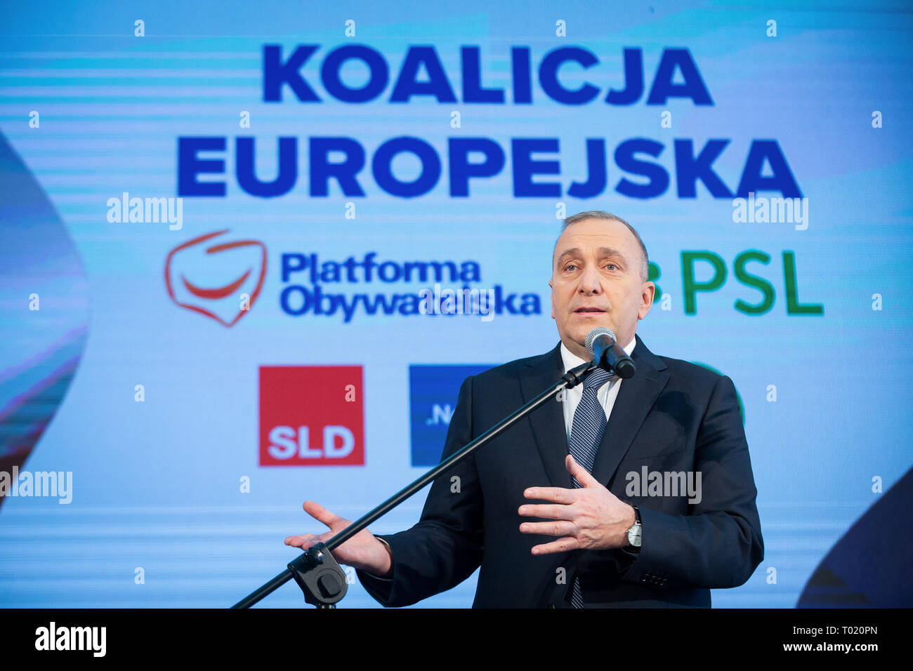 Grzegorz Schetyna during a joint press conference of the ''European Coalition'' (five polish largest opposition parties) leaders in Warsaw, Poland on 24 February 2019. Five Polish opposition parties (Civic Platform, Modern party, Polish Peoples Party, Democratic Left Alliance and Polands Greens) on Sunday signed a coalition declaration, ahead of the upcoming European Parliament Elections, and created initiative billed as the European Coalition. Stock Photo