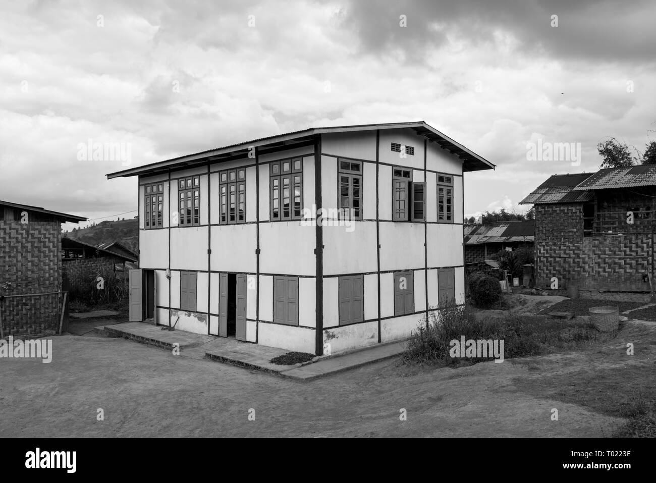 Black and white picture of the traditional and beautiful architecture house in the countryside of Inle Lake, Myanmar Stock Photo