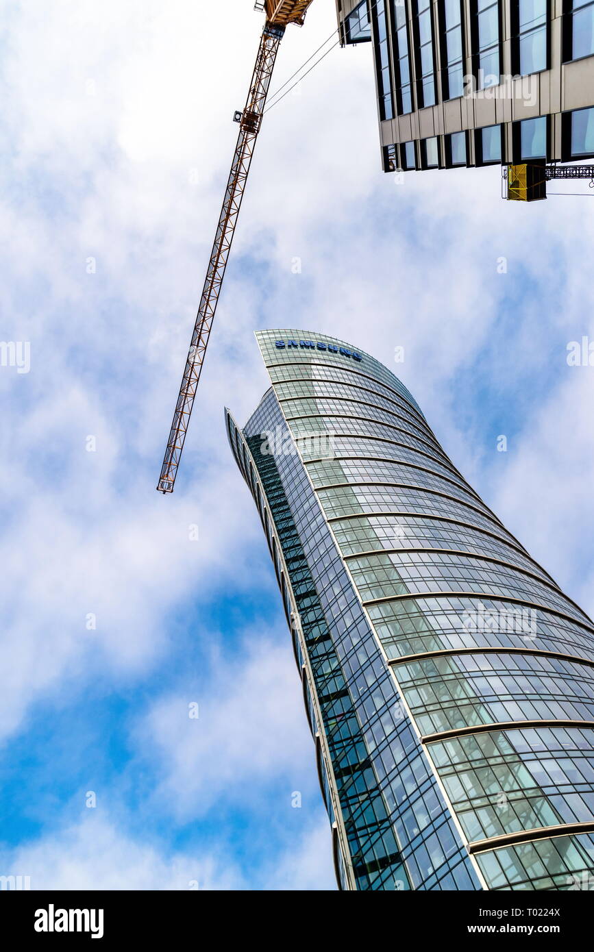 Warsaw Poland. February 18, 2019. Business center. Glass building. Against the sky. Stock Photo
