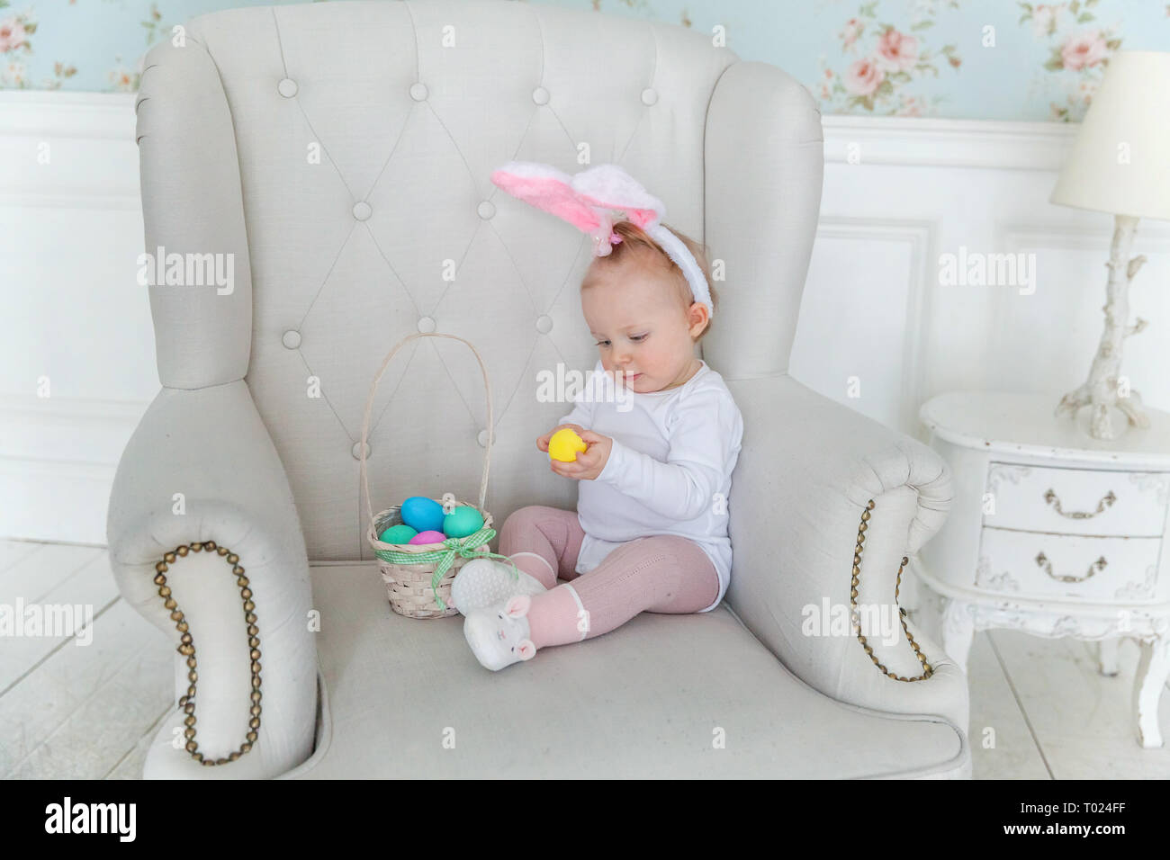 Little Child Girl Wearing Bunny Ears On Easter Day Girl Holding