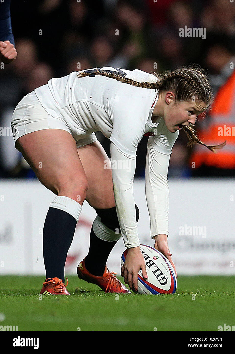 England's Jess Breach scores here side 2nd try during the Women's Six Nations match at Twickenham Stadium, London. Stock Photo