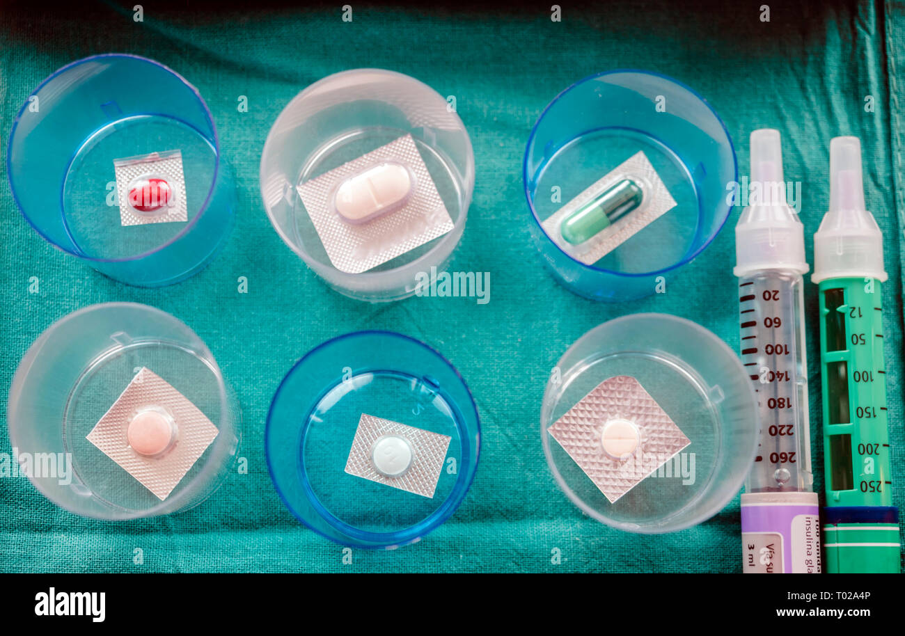 Download Diverse Medication In Glasses Monodose Along With Insulin Injectors In Hospital Conceptual Image Horizontal Composition Stock Photo Alamy