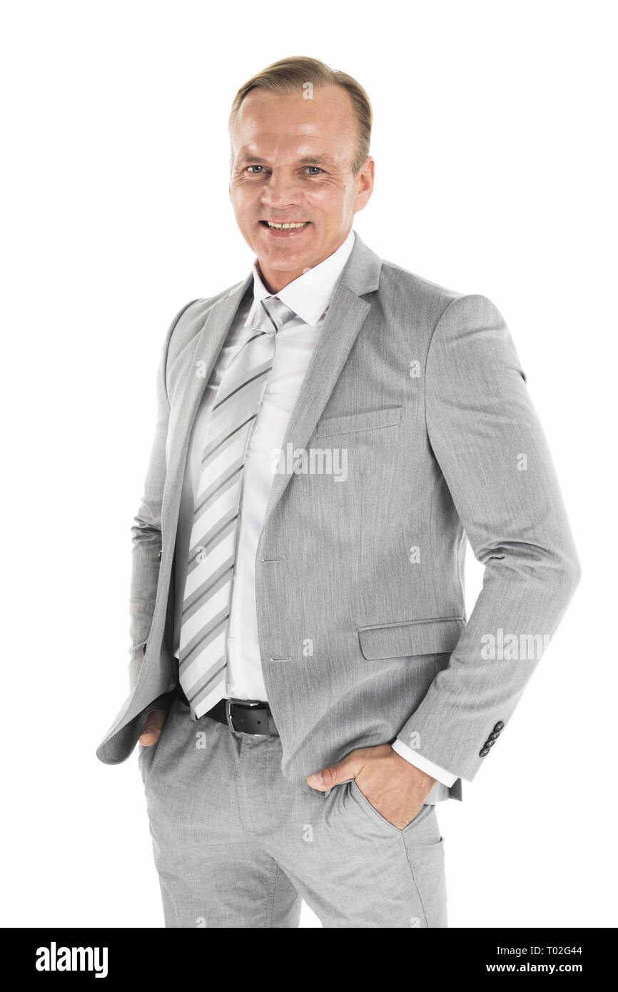 Happy satisfied mature businessman looking at camera isolated on white ...