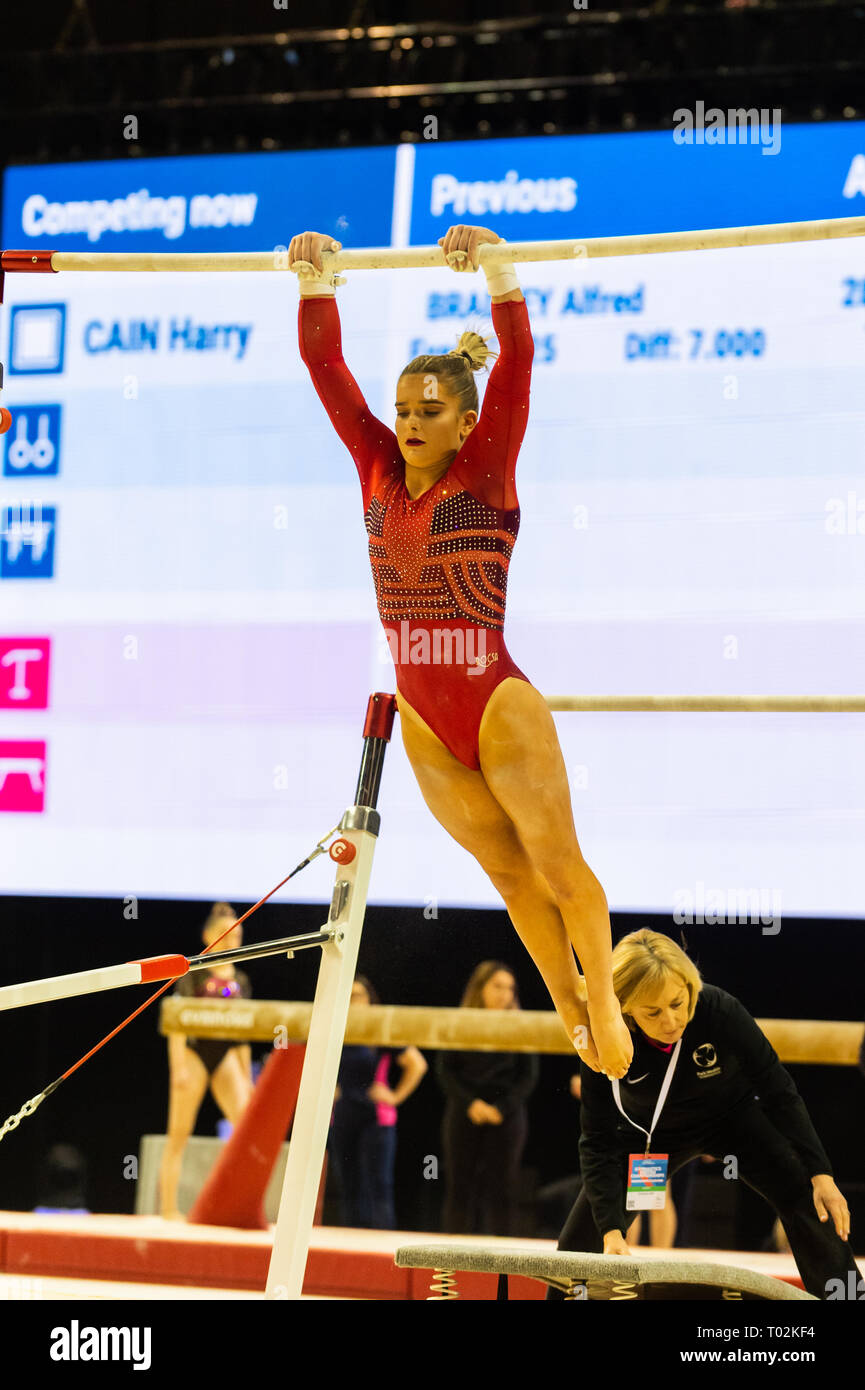 Liverpool, UK. 16th March 2019. Alice Kinsella of Park Wrekin School of Gymnastics competing at