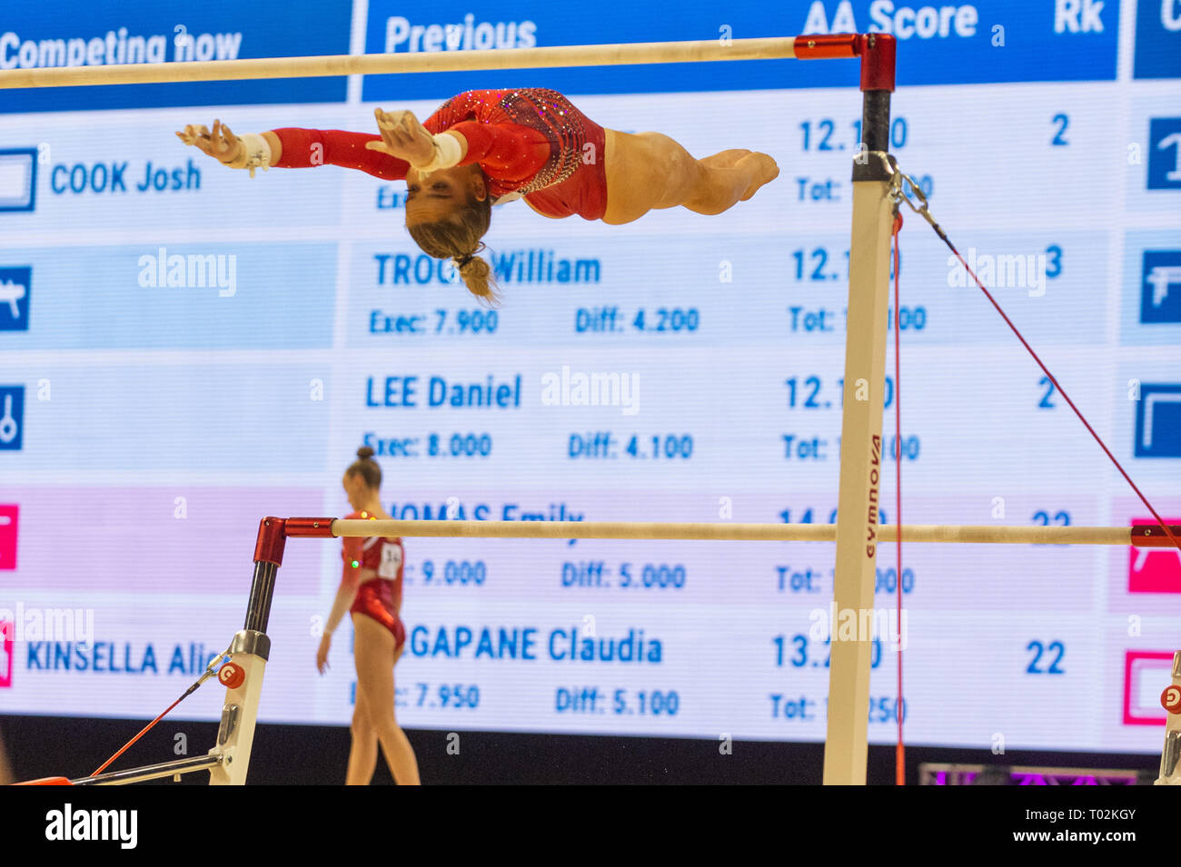 Liverpool, UK. 16th March 2019. Alice Kinsella of Park Wrekin School of Gymnastics competing at