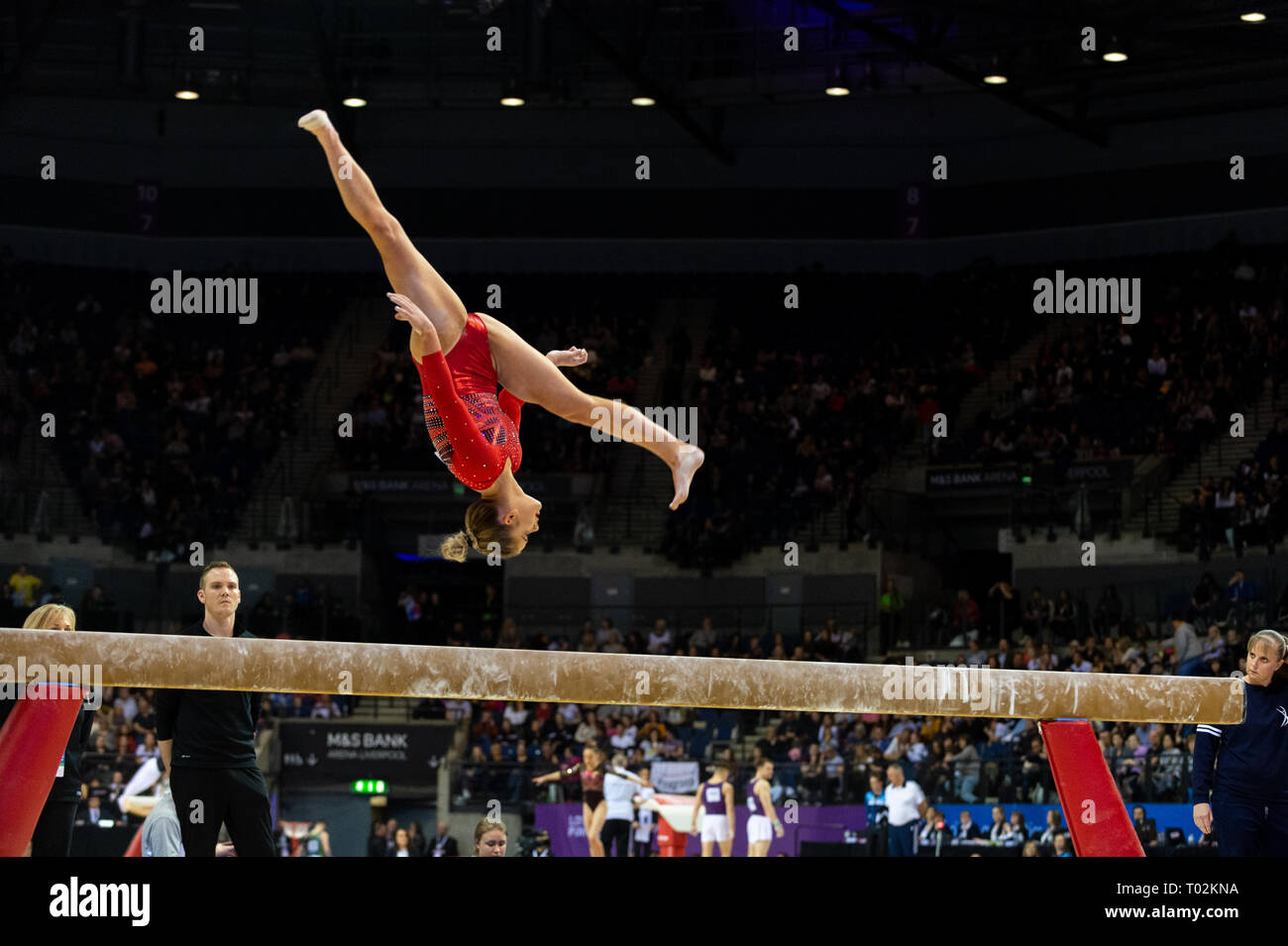 Liverpool, UK. 16th March 2019. Alice Kinsella of Park Wrekin School of Gymnastics competing at