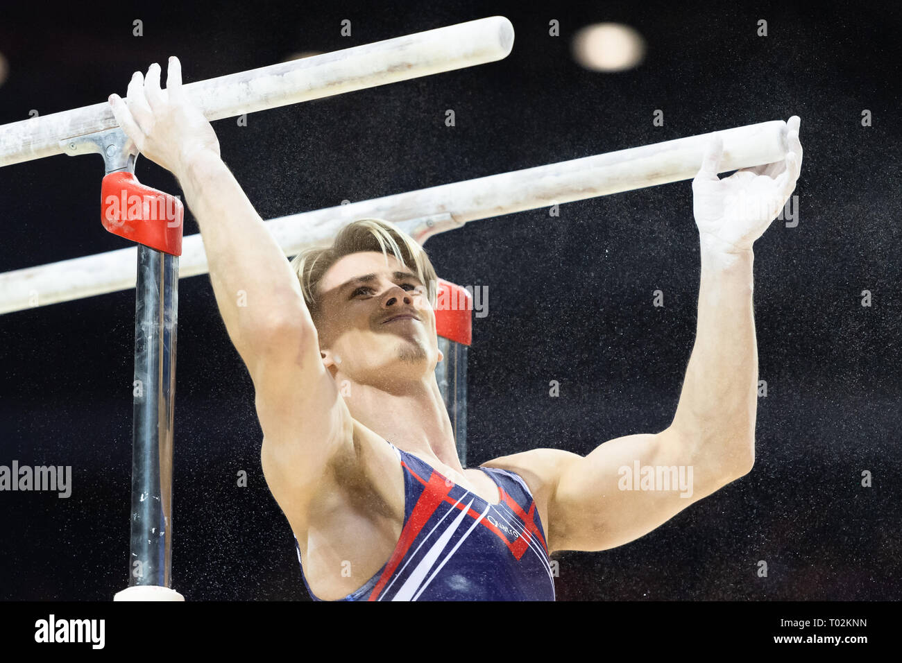 Liverpool, UK. 16th March 2019. Jay Thompson (South Essex Gymnastics) performs Parallel Bar in Man's Senior All-Around  during the 2019 Gymnastics British Championships at M&S Bank Arena on Saturday, 16 March 2019. LIVERPOOL ENGLAND. (Editorial use only, license required for commercial use. No use in betting, games or a single club/league/player publications.) Credit: Taka G Wu/Alamy News Credit: Taka Wu/Alamy Live News Stock Photo