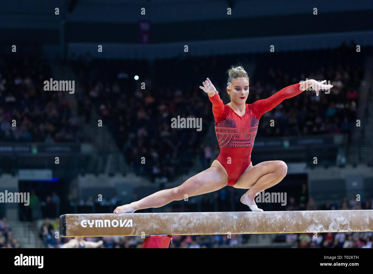 Liverpool, UK. 16th March 2019. Alice Kinsella of Park Wrekin School of Gymnastics competing at