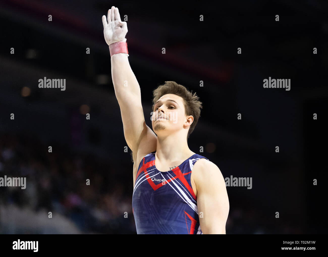 Liverpool, UK. 16th March 2019. Brinn Beven (South Essex Gym) performs Pommel Horse in Man's Senior All-Around during the 2019 Gymnastics British Championships at M&S Bank Arena on Saturday, 16 March 2019. LIVERPOOL ENGLAND. (Editorial use only, license required for commercial use. No use in betting, games or a single club/league/player publications.) Credit: Taka G Wu/Alamy News Credit: Taka Wu/Alamy Live News Stock Photo