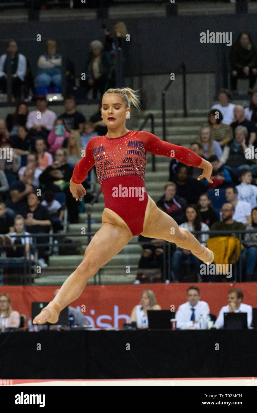 Liverpool, UK. 16th March 2019. Alice Kinsella of Park Wrekin School of Gymnastics competing at