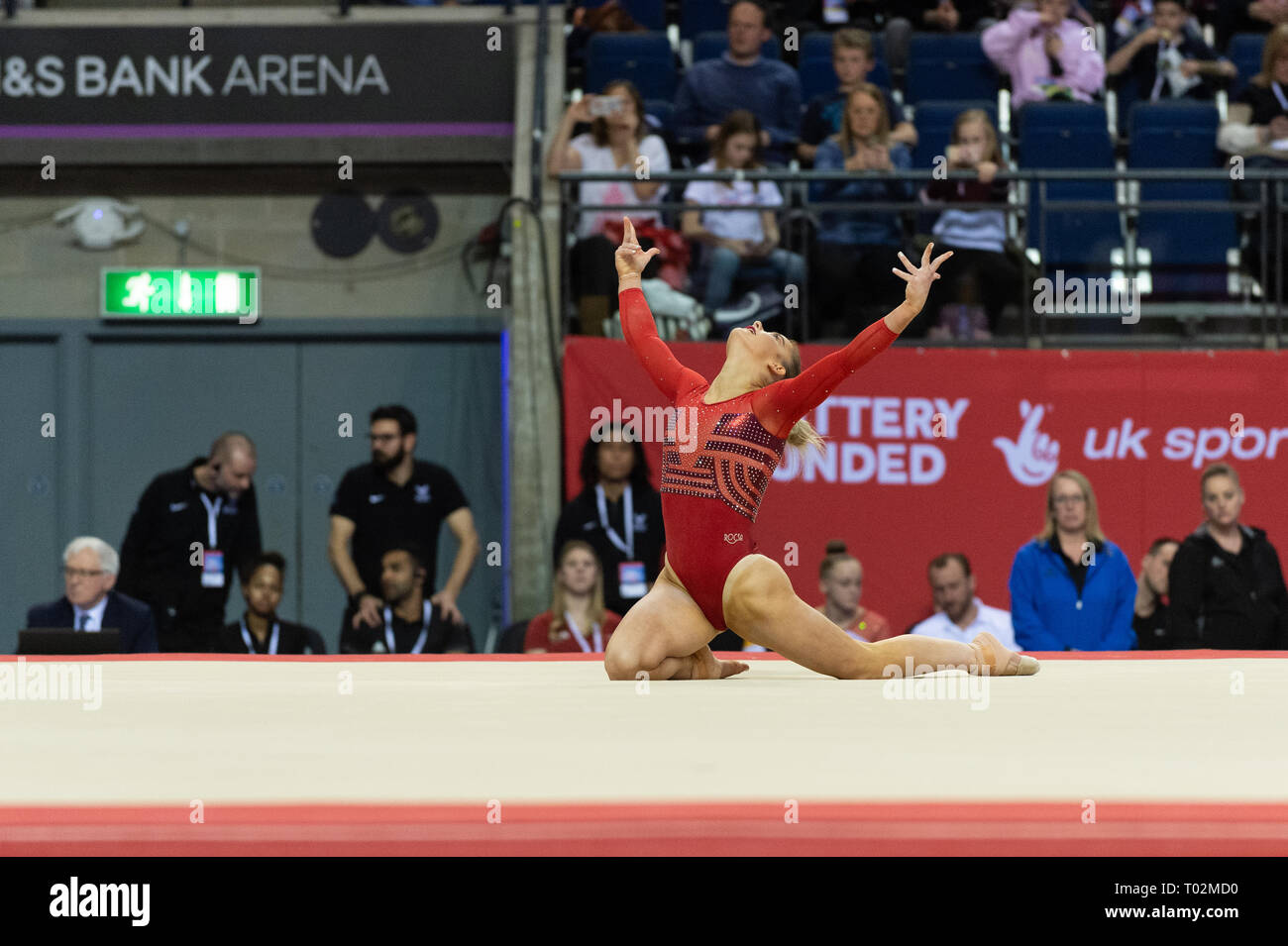 Liverpool, UK. 16th March 2019. Alice Kinsella of Park Wrekin School of Gymnastics competing at