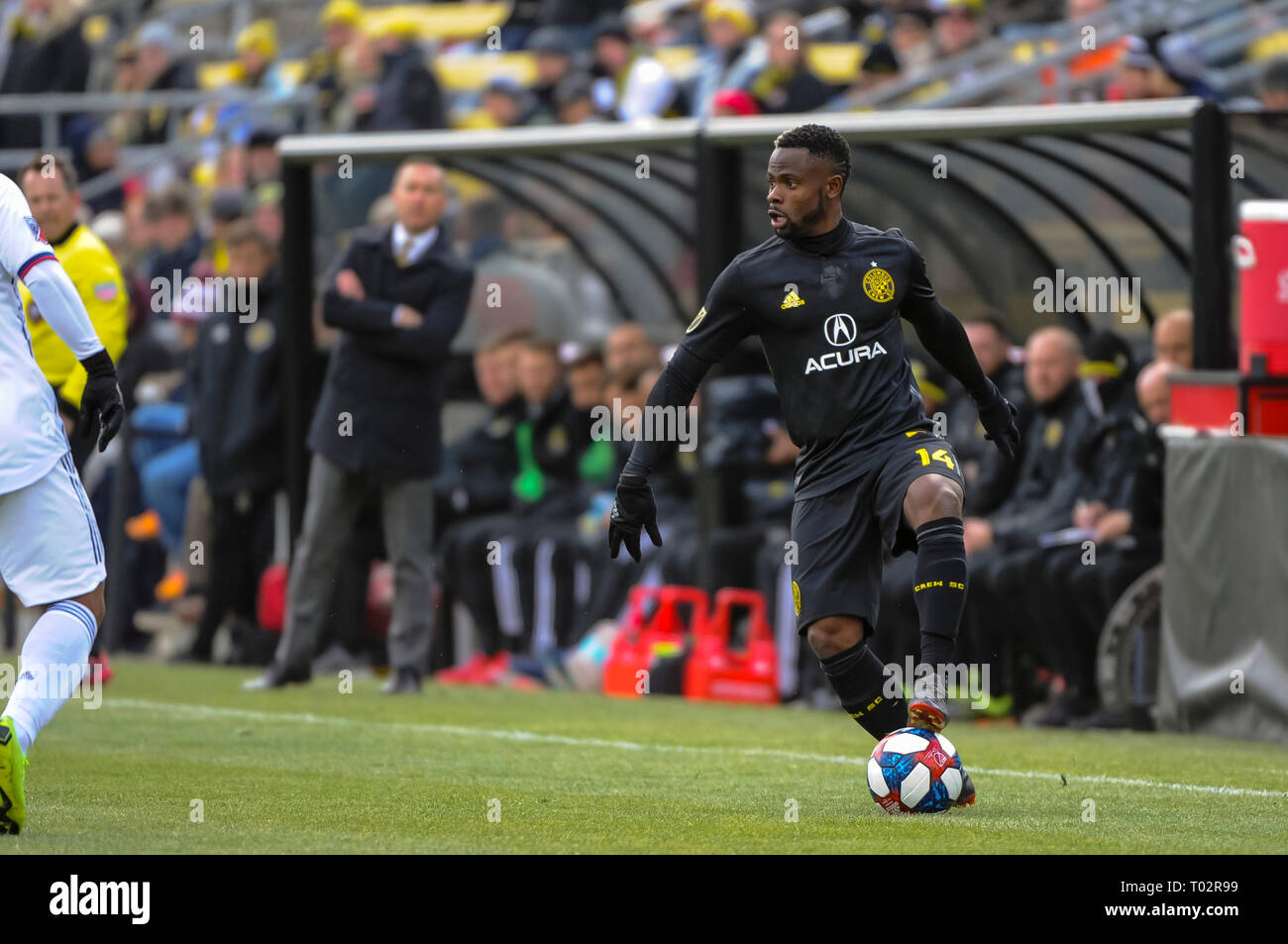 Saturday, March 16, 2019: Columbus Crew SC defender Waylon Francis (14) in the first half of the match between FC Dallas and Columbus Crew SC at MAPFRE Stadium, in Columbus OH. Mandatory Photo Credit: Dorn Byg/Cal Sport Media. Columbus Crew SC 1 - FC Dallas 0 Stock Photo
