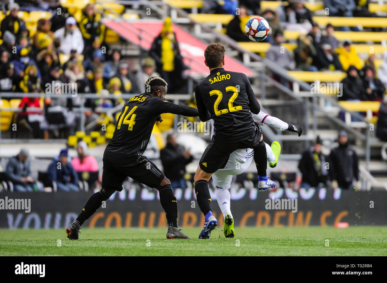 Saturday, March 16, 2019: Columbus Crew SC defender Gaston Sauro (22) and defender Waylon Francis (14) clear the ball in the second half of the match between FC Dallas and Columbus Crew SC at MAPFRE Stadium, in Columbus OH. Mandatory Photo Credit: Dorn Byg/Cal Sport Media. Columbus Crew SC 1 - FC Dallas 0 Stock Photo