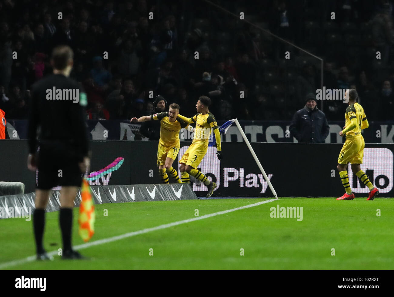 Berlin, Germany. 16th Mar, 2019. Dortmund's Marco Reus (L) celebrates scoring during a German Bundesliga match between Hertha BSC and Borussia Dortmund, in Berlin, Germany, on March 16, 2019. Dortmund won 3-2. Credit: Shan Yuqi/Xinhua/Alamy Live News Stock Photo