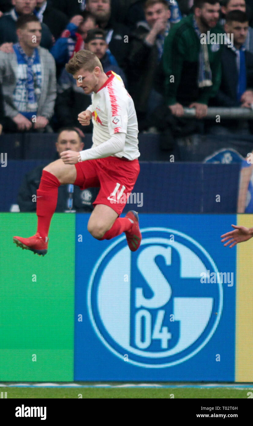 Gelsenkirchen, Germany. 16th March 2019. Leipzig's German forward Timo Werner seen celebrating after scoring the 0-1 during the German Bundesliga soccer match between FC Schalke 04 and RB Leipzig in Gelsenkirchen. ( Final score; FC Schalke 0:1 RB Leipzig) Credit: SOPA Images Limited/Alamy Live News Stock Photo
