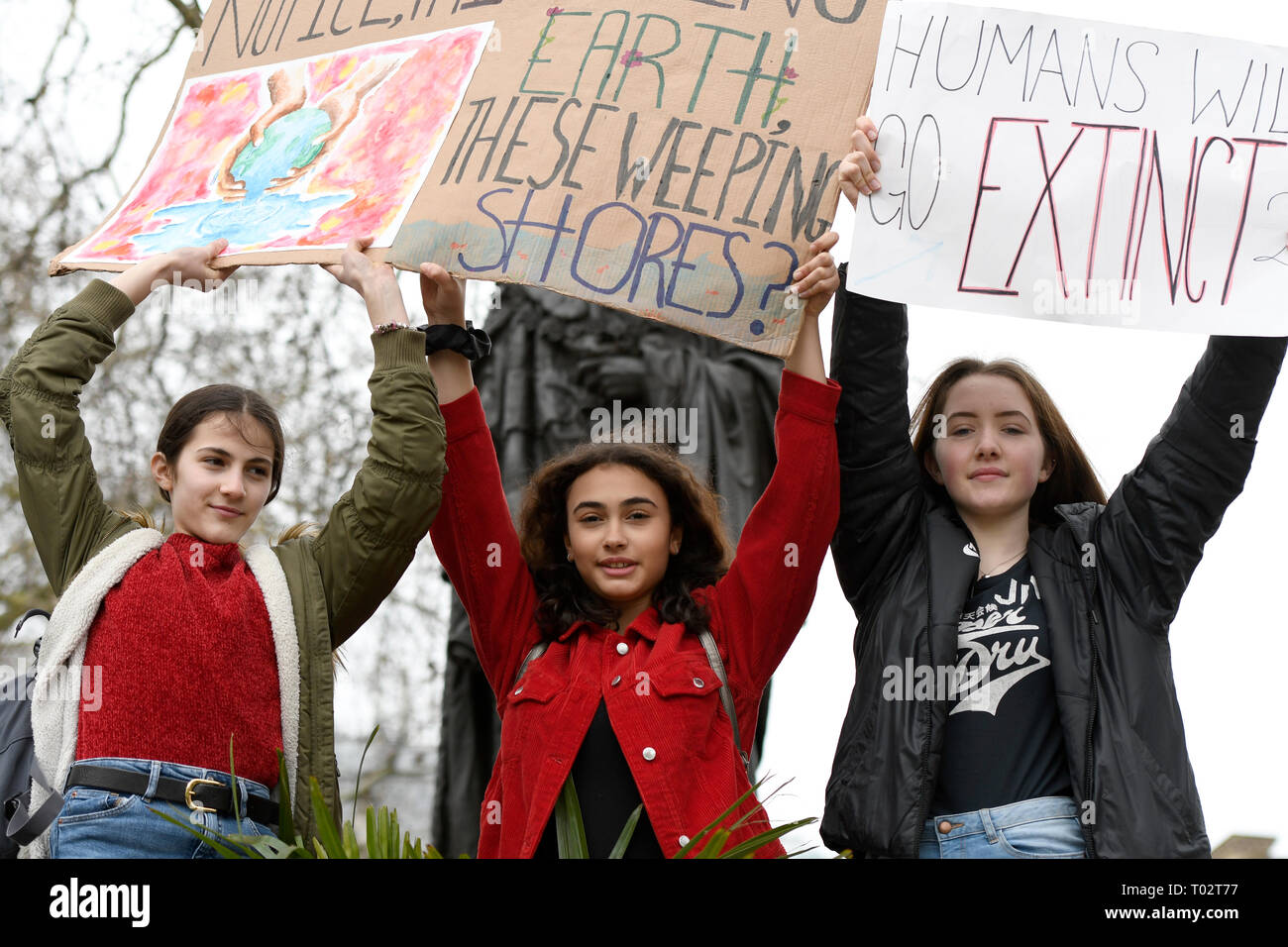 Students are seen holding placards during the protest. Hundreds of young people gathered at Parliament Square, joining the Global Climate Strike and demanding from the government and politicians direct actions to tackle the climate change. Students in more than 100 countries went to the streets to participate in a climate global strike. Stock Photo