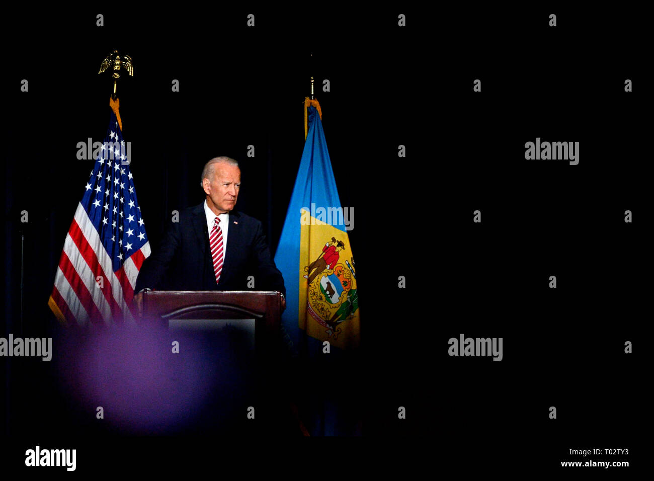 Delaware, USA. 16th March 2019. Joe Biden delivers the keynote speech at the First State Democratic Dinner at the Rollins Center in Dover, DE on March 16, 2019. The former U.S. Vice President refrained from announcing his candidacy, even-though early polls conducted in March indicate former Vice President Biden as the favorite of a large Democratic field of candidates. Credit: OOgImages/Alamy Live News Stock Photo