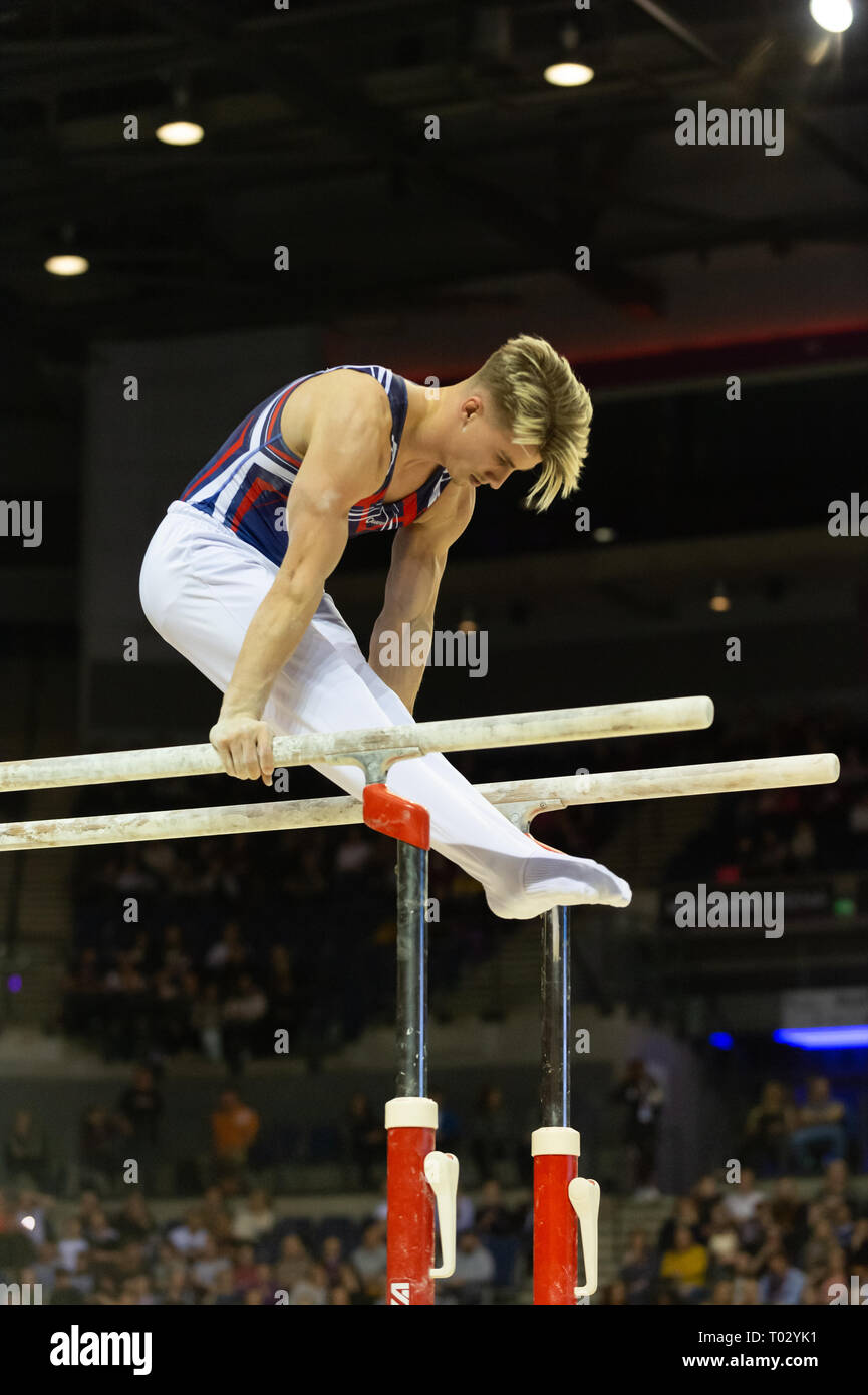 Liverpool, UK. 16th March 2019. Jay Thompson of South Essex competing at the Men’s and Women’s Artistic British Championships 2019, M&S Bank Arena, Liverpool, UK. Credit: Iain Scott Photography/Alamy Live News Stock Photo