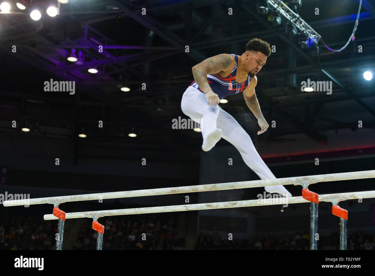 Liverpool, UK. 16th March 2019. Reiss Beckford of South Essex Gymnastics competing at the Men’s and Women’s Artistic British Championships 2019, M&S Bank Arena, Liverpool, UK. Credit: Iain Scott Photography/Alamy Live News Stock Photo