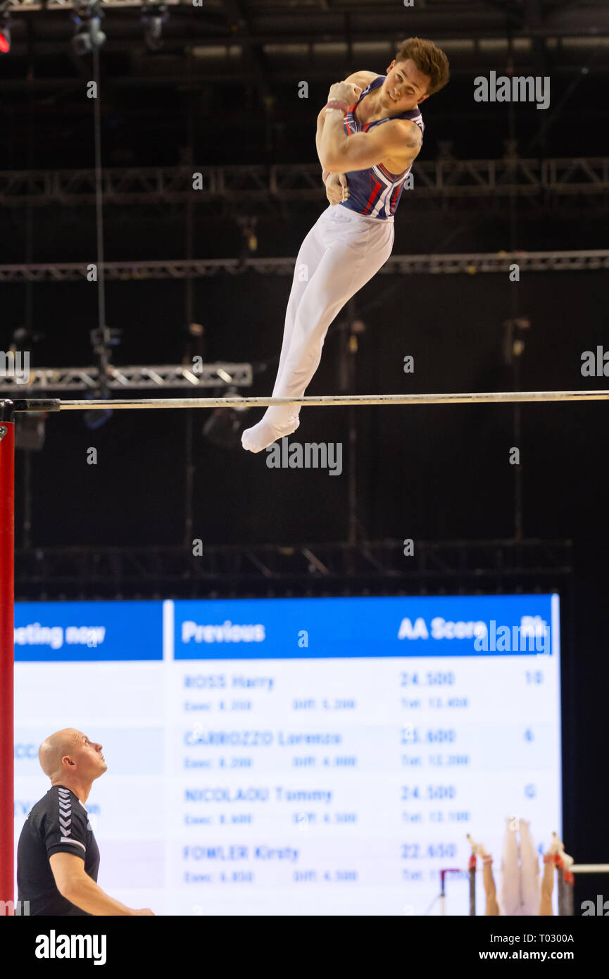Liverpool, UK. 17th March 2019. Brinn Bevan of South Essex Gymnastics competing at the Men’s and Women’s Artistic British Championships 2019, M&S Bank Arena, Liverpool, UK. Stock Photo