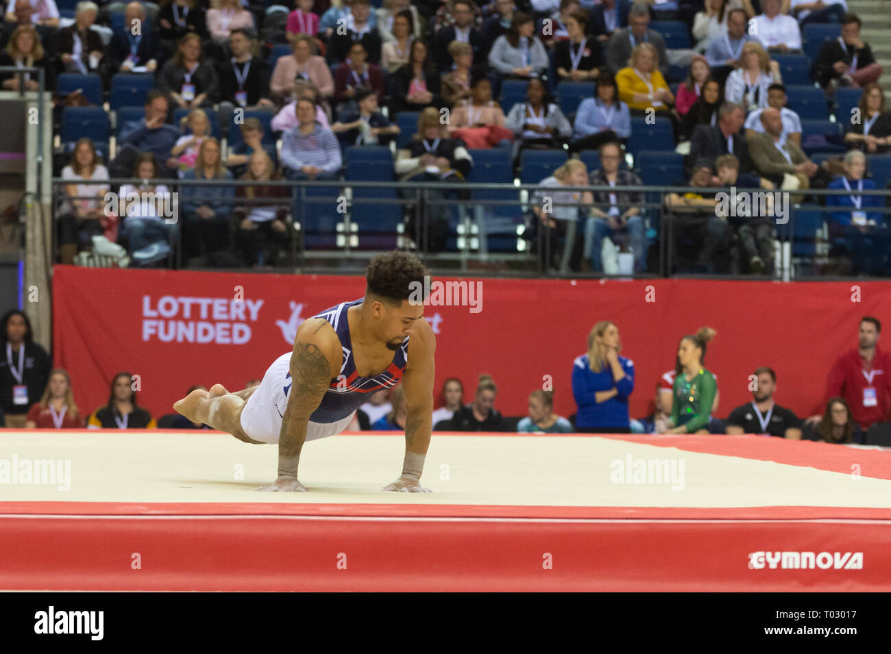 Liverpool, UK. 17th March 2019. Reiss Beckford of South Essex Gymnastics competing at the Men’s and Women’s Artistic British Championships 2019, M&S Bank Arena, Liverpool, UK. Stock Photo