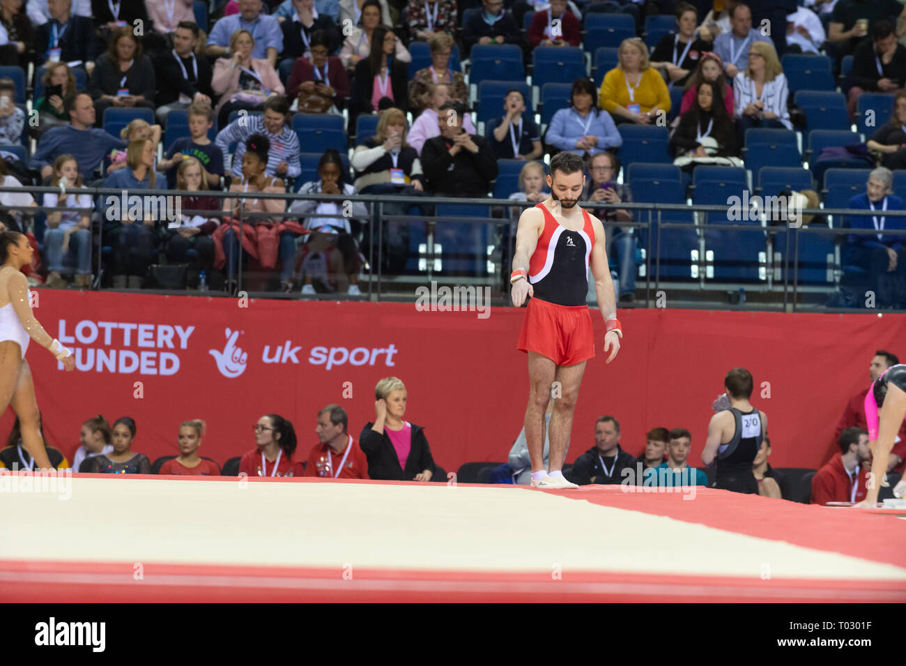 Liverpool, UK. 16th March 2019. British Champion James Hall of Pegasus Gym Club competing at the Men’s and Women’s Artistic British Championships 2019, M&S Bank Arena, Liverpool, UK. Stock Photo