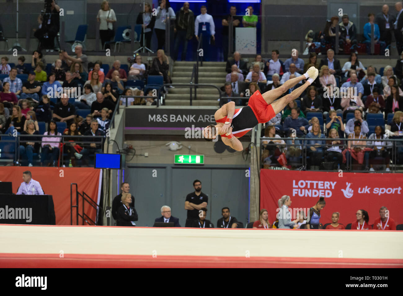 Liverpool, UK. 16th March 2019. British Champion James Hall of Pegasus Gym Club competing at the Men’s and Women’s Artistic British Championships 2019, M&S Bank Arena, Liverpool, UK. Stock Photo