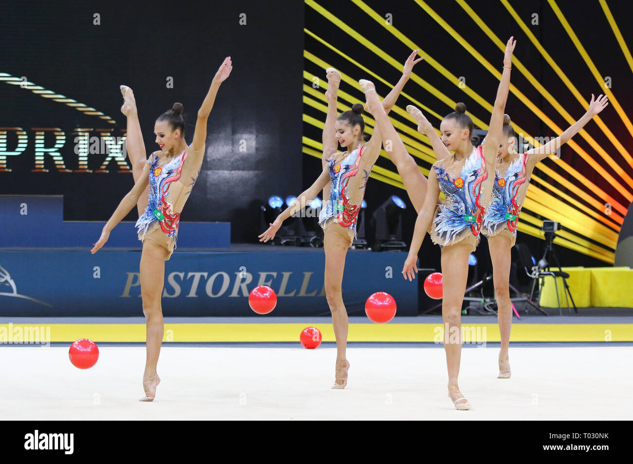 Kyiv, Ukraine. 16th March, 2019. Team of RUSSIA performs with 5 Balls during Group Competition of Rhythmic Gymnastics Grand Prix 'Deriugina Cup' in Palace of Sports in Kyiv, Ukraine. Credit: Oleksandr Prykhodko/Alamy Live News Stock Photo