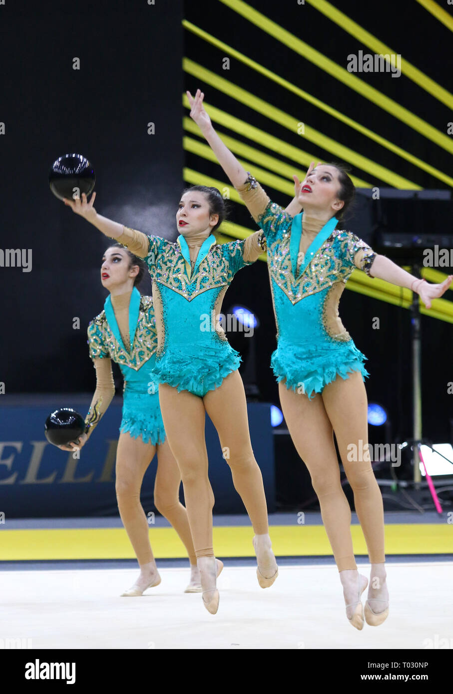 Kyiv, Ukraine. 16th March, 2019. Team of AZERBAIJAN performs with 5 Balls during Group Competition of Rhythmic Gymnastics Grand Prix 'Deriugina Cup' in Palace of Sports in Kyiv, Ukraine. Credit: Oleksandr Prykhodko/Alamy Live News Stock Photo