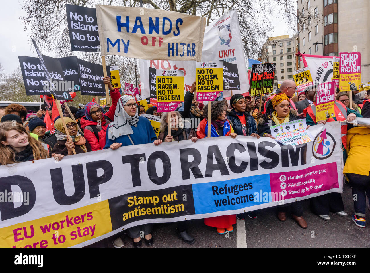 London, UK. 16th March 2019. Banner at the front of the march by thousands through London on UN Anti-Racism day to say 'No to Racism, No to Fascism' and that 'Refugees Are Welcome Here', to show solidarity with the victims of racist attacks including yesterdays Christchurch mosque attack and to oppose Islamophobic hate crimes and racist policies in the UK and elsewhere. The marchers met in Park Lane where there were a number of speeches before marching to a rally in Whitehall. Marches took place in other cities around the world including Glasgow and Cardiff. Peter Marshall/Alamy Live News Stock Photo