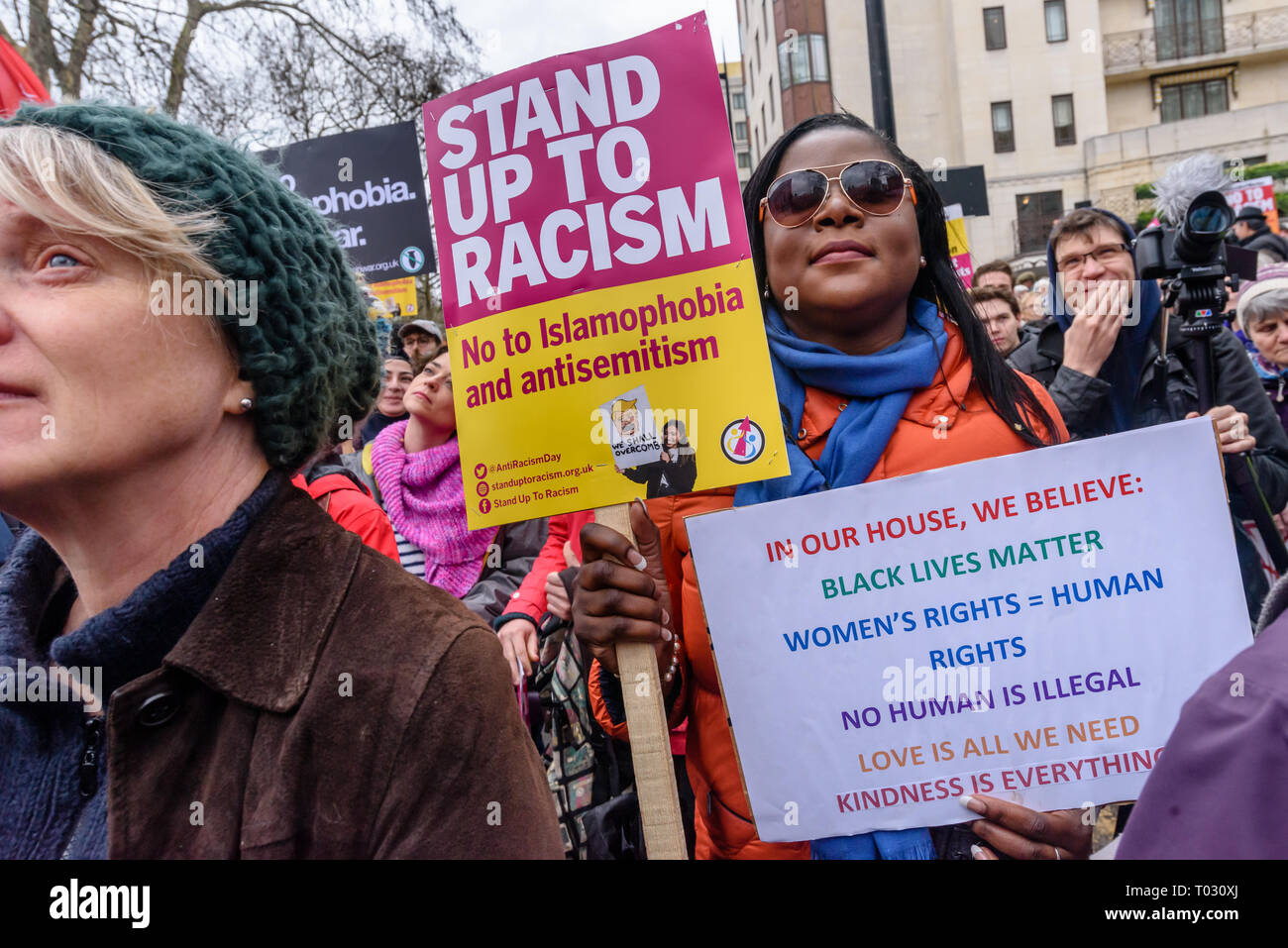 London, UK. 16th March 2019. Thousands march through London on UN Anti-Racism day to say 'No to Racism, No to Fascism' and that 'Refugees Are Welcome Here', to show solidarity with the victims of racist attacks including yesterdays Christchurch mosque attack and to oppose Islamophobic hate crimes and racist policies in the UK and elsewhere. The marchers met in Park Lane where there were a number of speeches before marching to a rally in Whitehall. Marches took place in other cities around the world including Glasgow and Cardiff. Peter Marshall/Alamy Live News Stock Photo