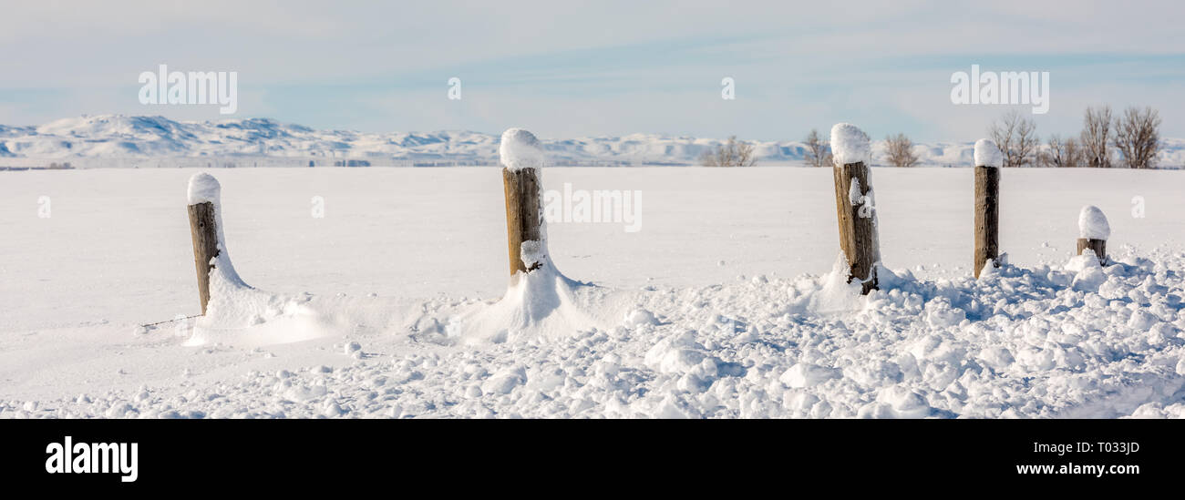 Wooden round fence posts with lumps of snow piled on top Stock Photo ...