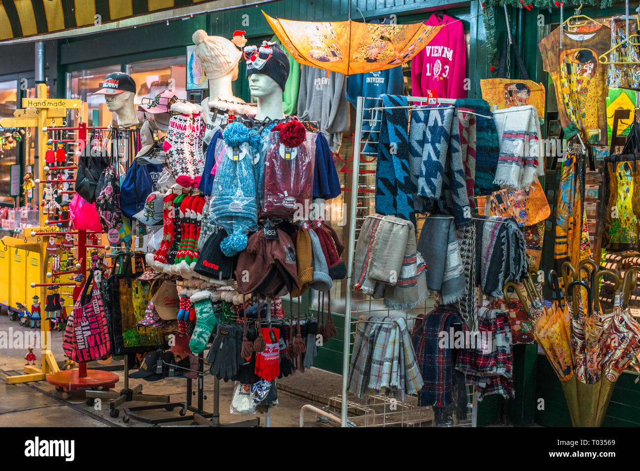 Rainwear for sale at Naschmarkt Linke Wienzeile market on a rainy day. Vienna, Austria. Stock Photo