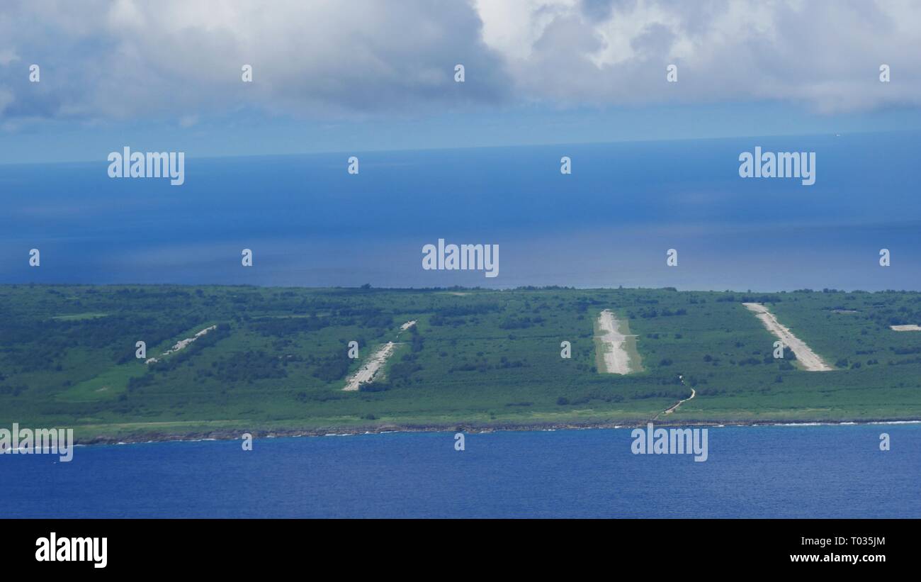 Aerial shot of the four abandoned runways at the North Field on Tinian. Stock Photo