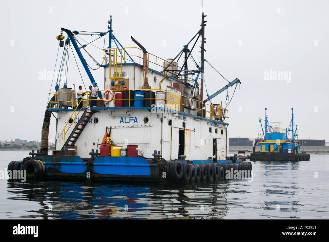 Industrial vessels used for fishing peruvian anchovy stationed in Chimbote, Peru. Stock Photo