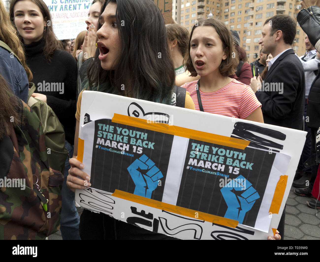 Youth Strike for Climate Change at Columbus Circle in NYC, March 15, 2019. Stock Photo