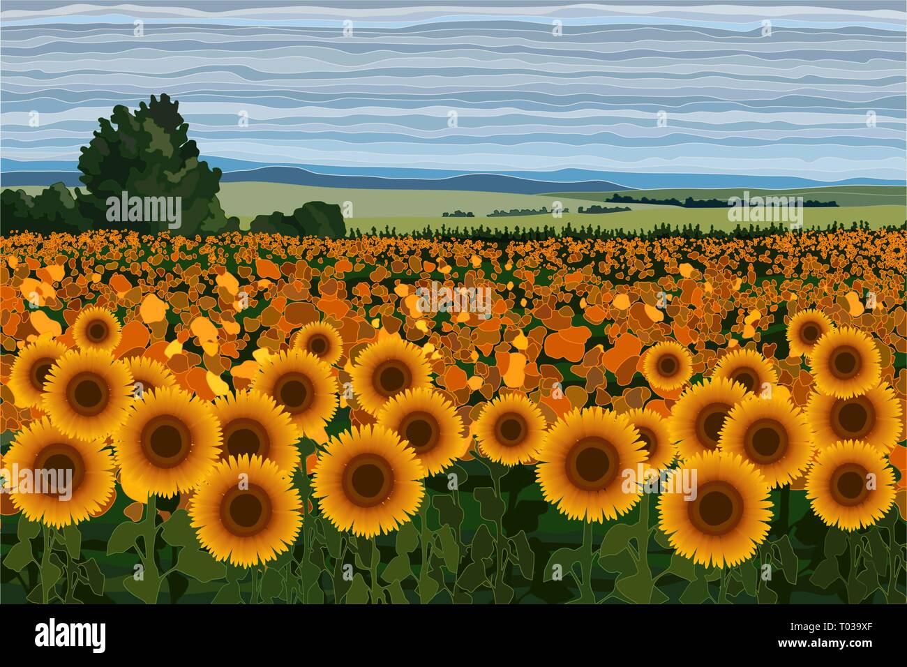 Bright field of sunflowers with bushes, trees and blue sky vector