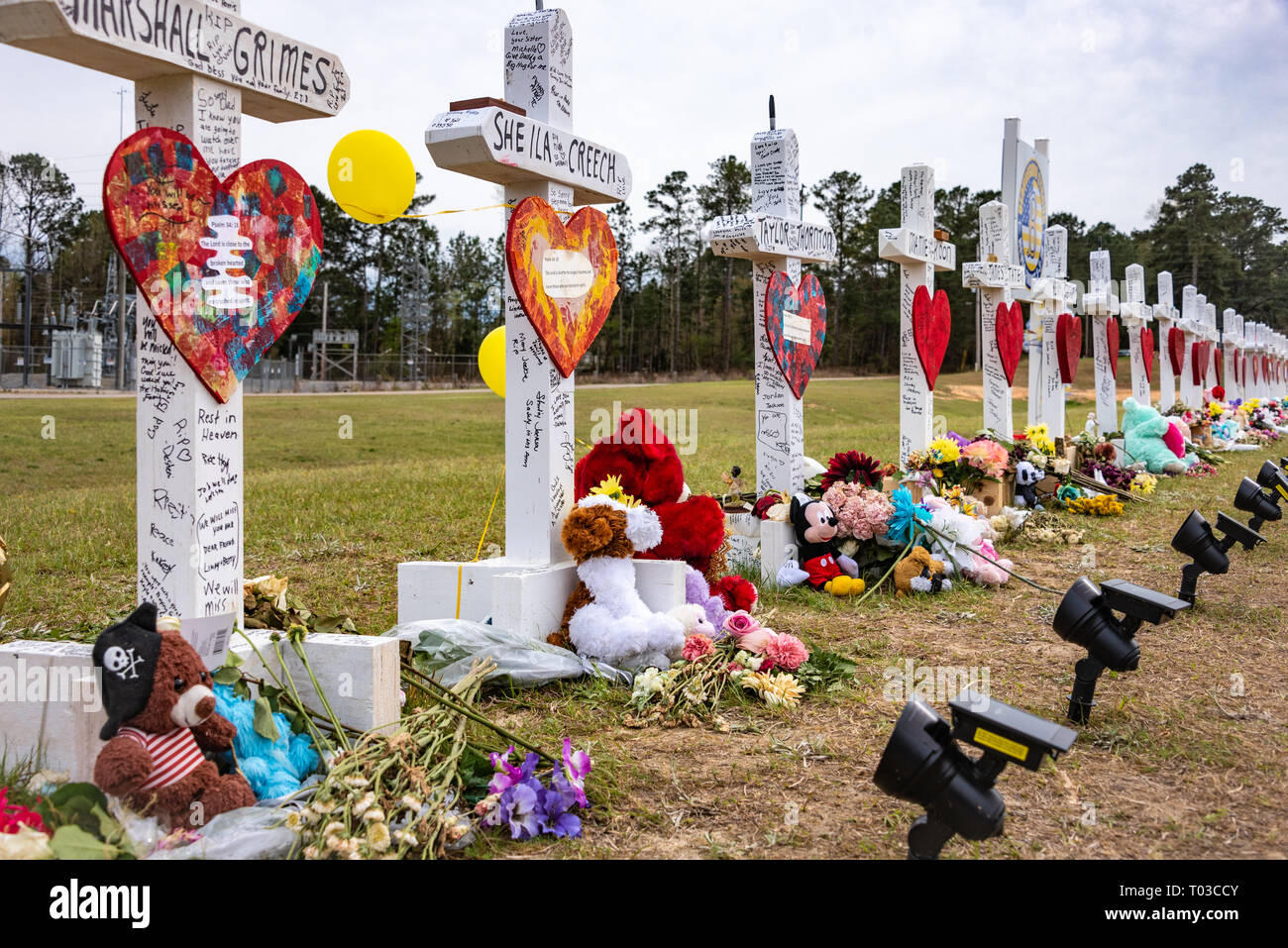 White wooden crosses memorial to the 23 Beauregard, AL victims of the deadly Lee County EF-4 tornado that ripped through the area on March 3, 2019. Stock Photo