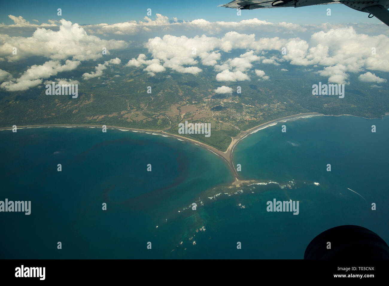 Costa Rica coastline from airplane. Aerial of coast. Stock Photo