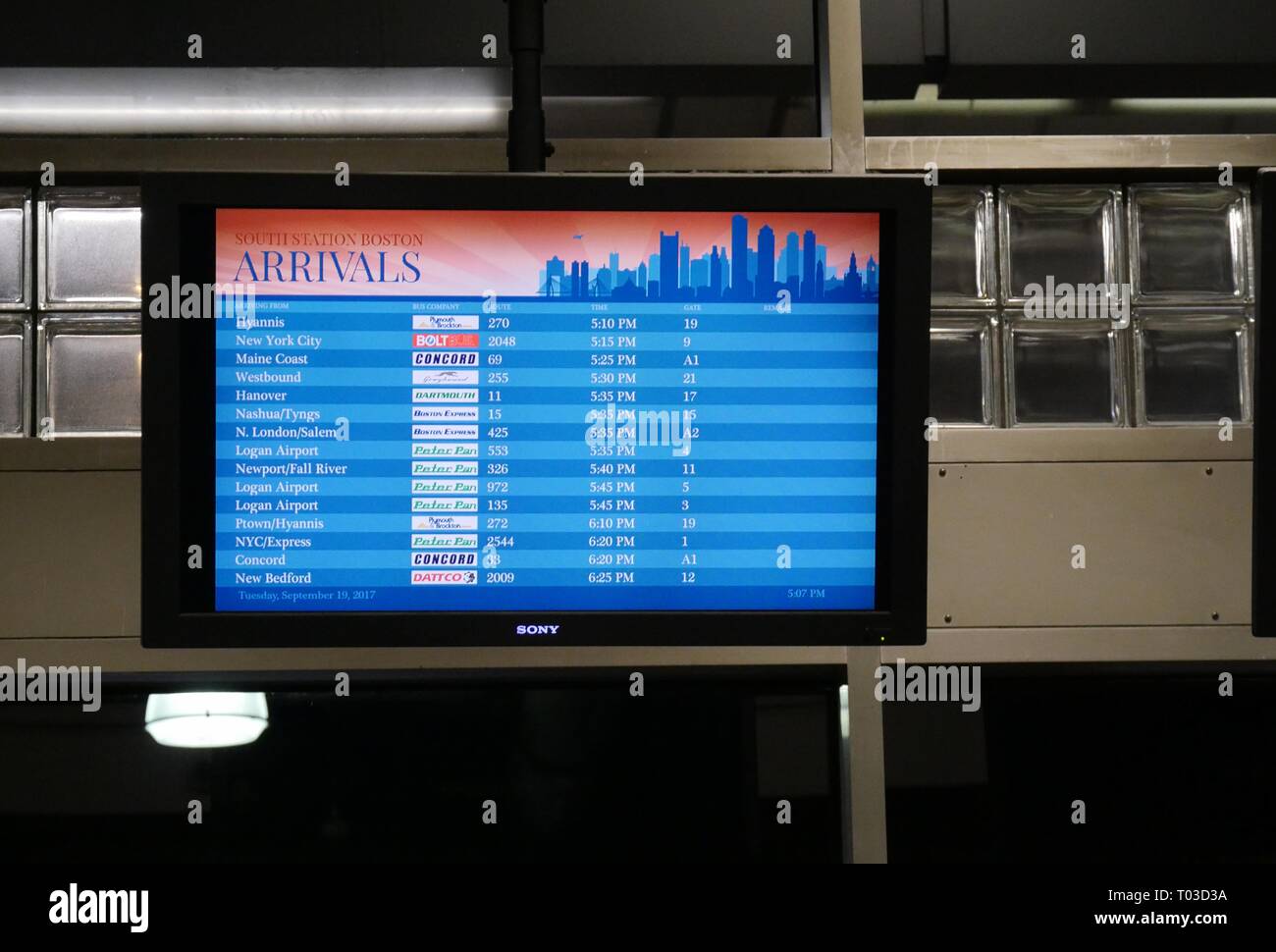 BOSTON, MASSACHUSETTS—SEPTEMBER 2017 Bus schedules to different