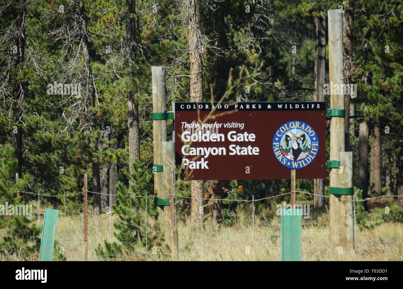 GOLDEN, COLORADO—OCTOBER 2017: Roadside sign at the Golden Gate Canyon State Park, erected by the Colorado Parks & Wildlife. Stock Photo