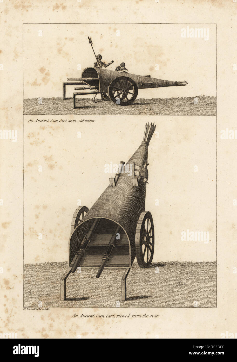 An ancient gun cart used at the Siege of Boulogne 1544. Copperplate