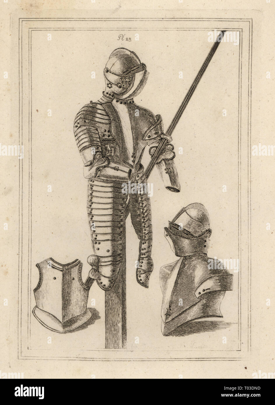 Suit of tilting armour with grand guard and lance rest from the Tower of London 1, helmet and grand guard 2, breastpiece of a cuirass 3. Copperplate engraving by J. Hamilton from Francis Grose's Military Antiquities respecting a History of the English Army, Stockdale, London, 1812. Stock Photo
