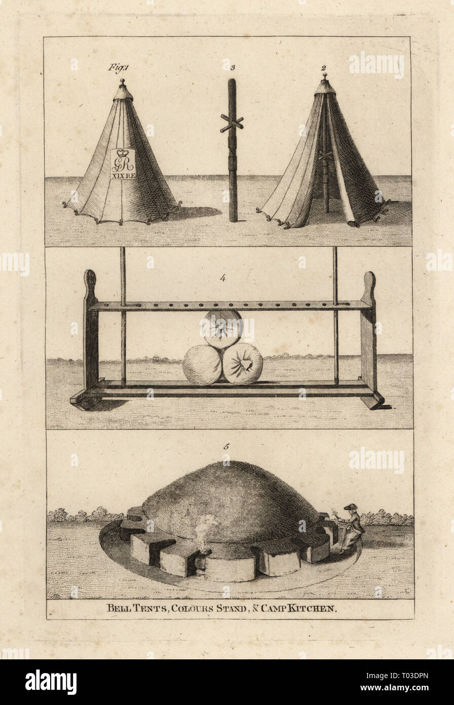 18th century military tents: called bell-tents 1,2, pole to support arms 3, stand for drums, colours and officers’ espontons 4, and camp-kitchen with a woman cooking 5.Copperplate engraving from Francis Grose's Military Antiquities respecting a History of the English Army, Stockdale, London, 1812. Stock Photo